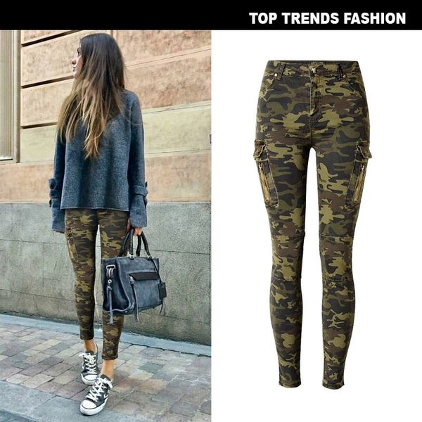 

women's mid-waist stretch slim fit camouflage jogging pants side pocket zipper pilot casual denim leggings, Black