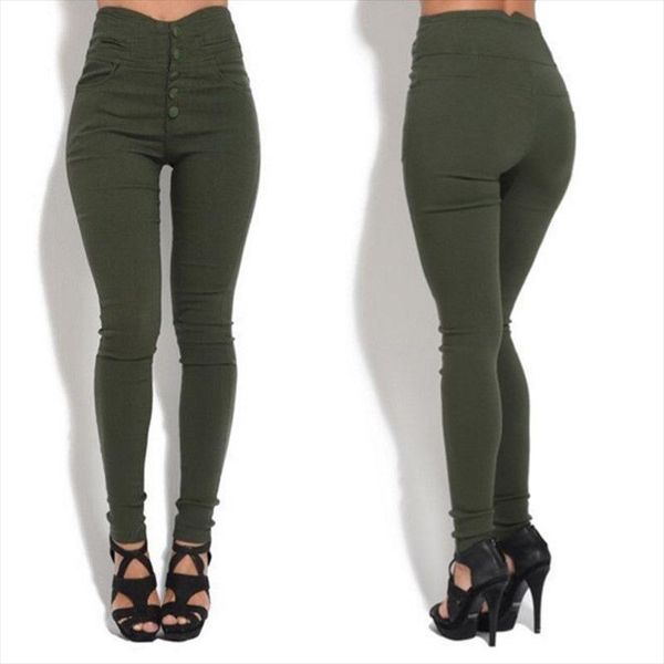 

plus size women high waist skinny stretchy button leggings lady girls slim fit stylish female black army green brown long pants