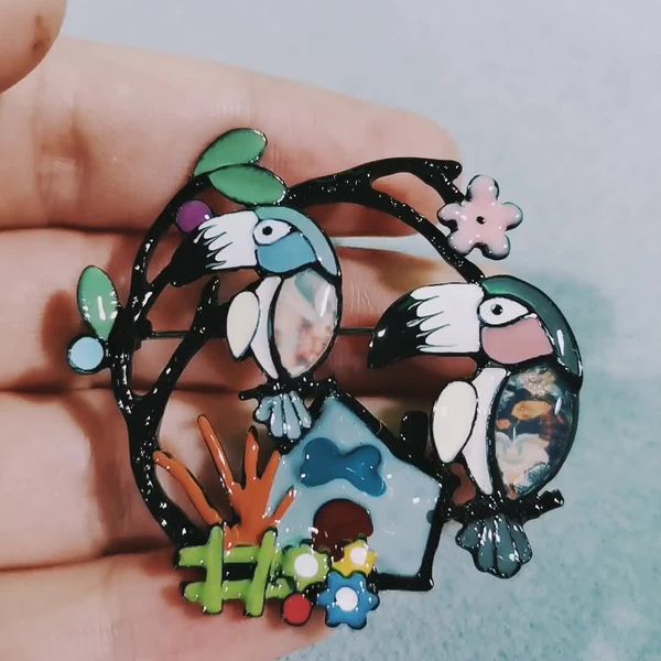 

brooch of parrot mother and son brooch for women clothing accessories enamel cute birds brooches pin scarf buckles, Gray