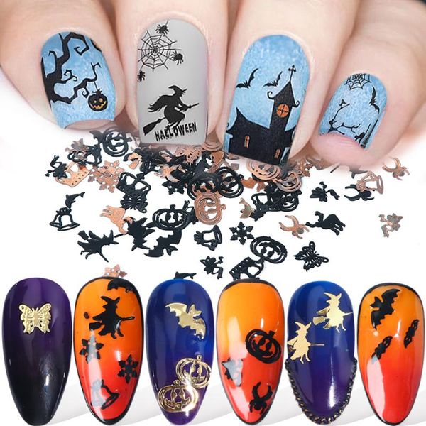 

nail glitter 120pcs halloween sequin gold black metal flake christmas hollow spider pumpkin snow bat cat leaf decor sa1034, Silver;gold