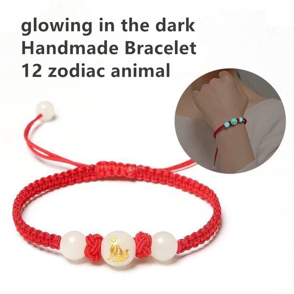 

zodiac glowing in the dark bracelet handmade lucky knots rope bracelets size adjustable string bracelet for women men children, Red;blue