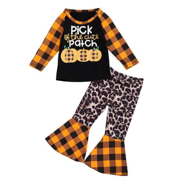 

halloween clothing suit pick pumpkin print plaid blouses t-shirt pullover + fashion flared pants tracksuits infant baby playsuit d9402, White