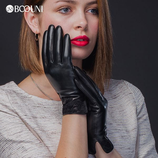 

five fingers gloves boouni genuine leather women fashion black lace embroidery sheepskin winter driving glove nw075, Blue;gray