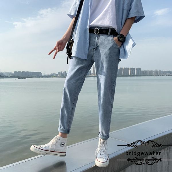 

stretch jeans men's slim summer ins ankle-length pants all-match loose fashion casual all-match jeans, Blue