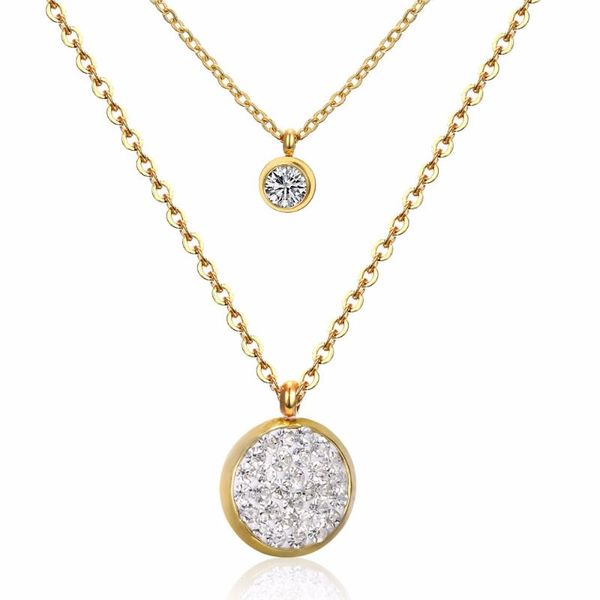 

luxusteel vintage style round cubic zirconia double pendants stainless stell gold/silver color chain necklace wedding jewelry