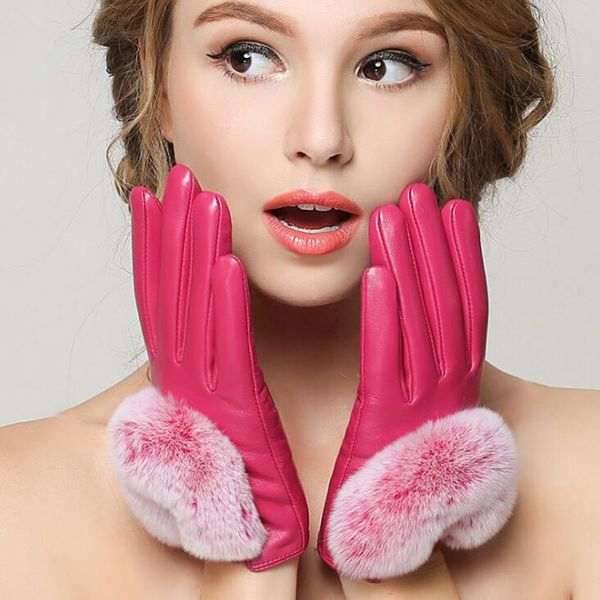 

leather gloves ladies winter sheepskin gloves cute big fur plus velvet thick warm warm touch screen short l76, Blue;gray