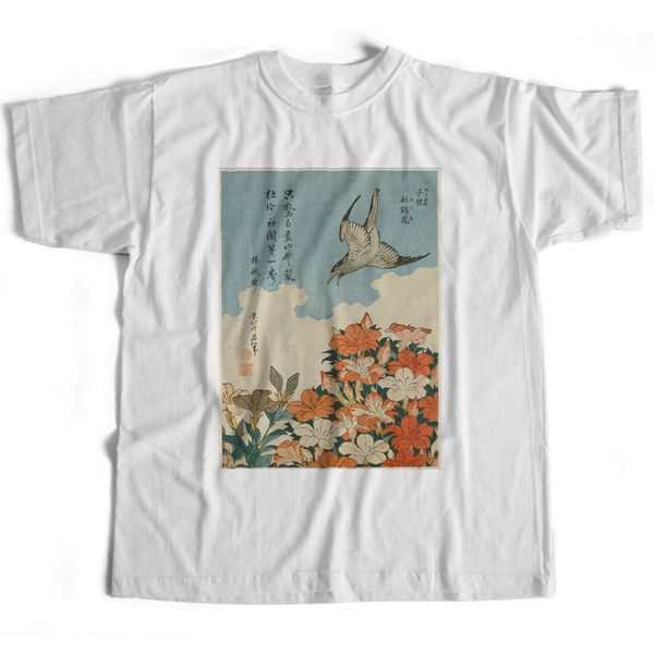 

hokusai t shirt - lesser cuckoo and azalea woodblock classic japanese print