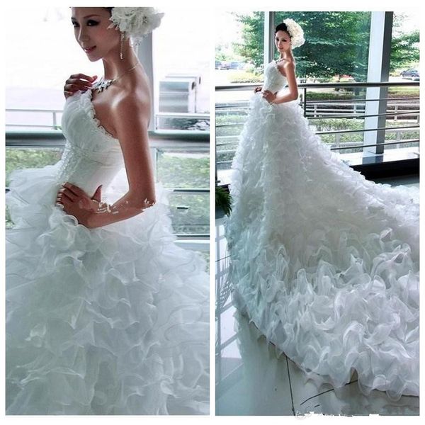 

vintage strapless beading princess bride fashion models big fluffy taill long tail wedding dress bridal gown real ps aq191, White
