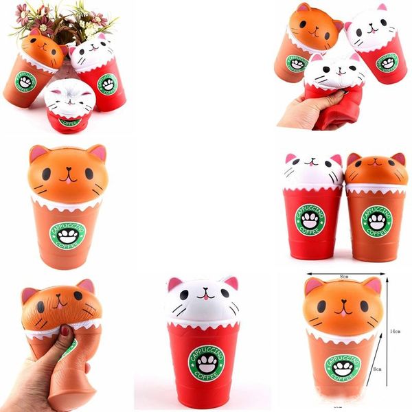 

14cm cat squishy toys coffee cup squishies cute animal slow rising jumbo vent children toy gifts gga369 30pcs