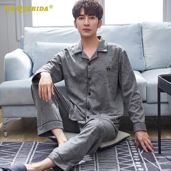 

men's sleepwear luxury men clothing spring home wear 100% cotton pajamas grey irregular pattern printing badge mens set, Black;brown