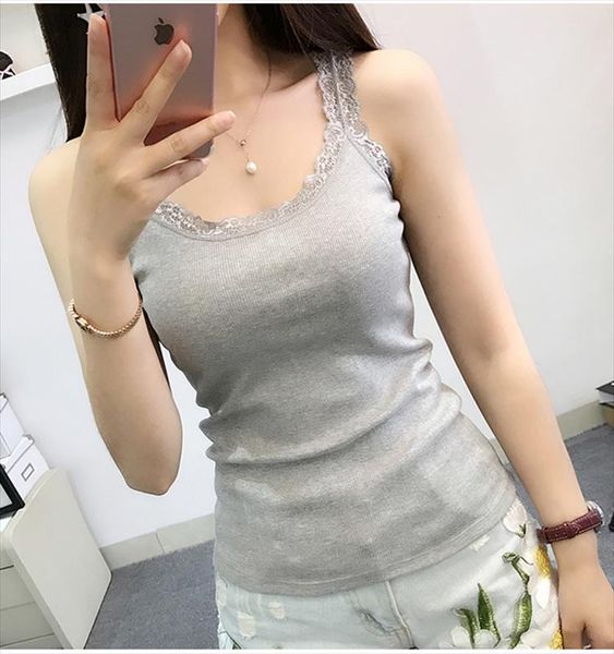 

2020 summer new women sleeveless tanks bodycon temperament lace patchwork tshirt vest tank female vest, White