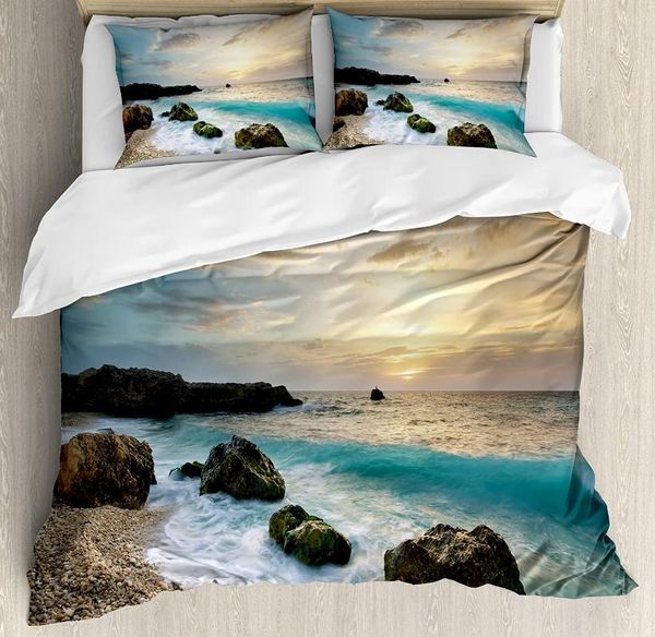 

ocean duvet cover set seascape composition of nature rocks waves cloudy sky rising sun beach p bedding set brown blue yellow