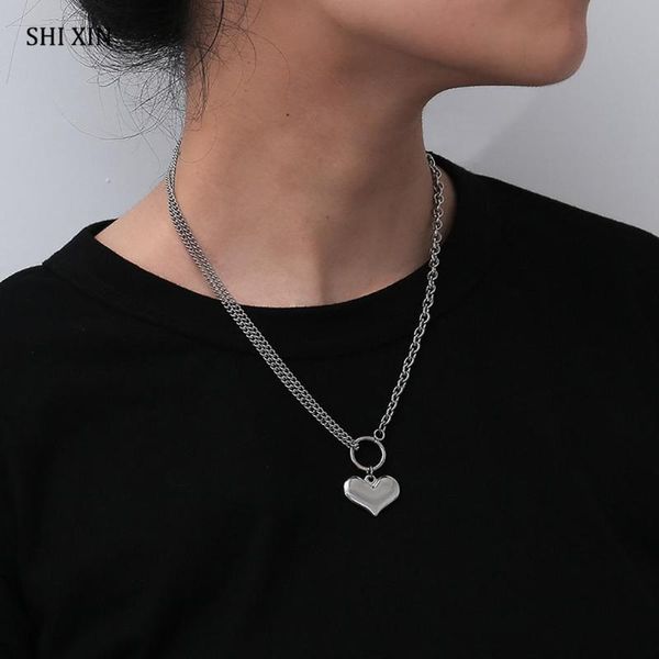 

shixin punk lover heart pendant necklace for women/men asymmetry long stainless steel chains necklaces choker colar 2020 fashion, Silver