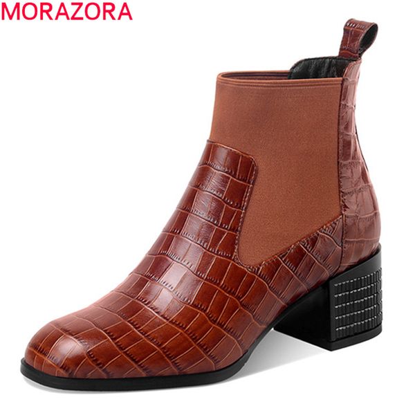 

morazora women boots genuine leather ladies shoes thick heels square toe autumn winter ankle boots for woman black