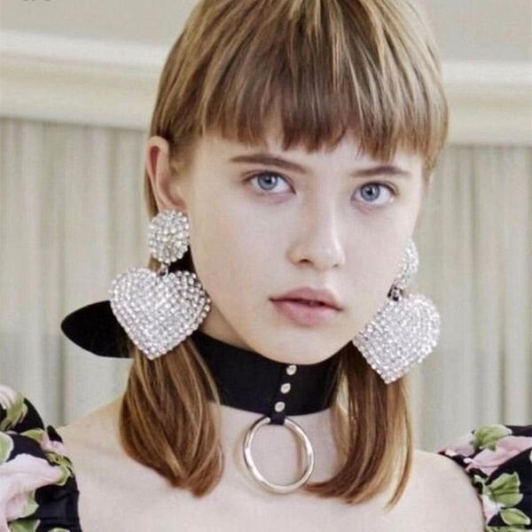 

dangle & chandelier lovely shiny rhinestone big heart pendant drop earrings for women jewelry fashion brand show statement accessory, Silver