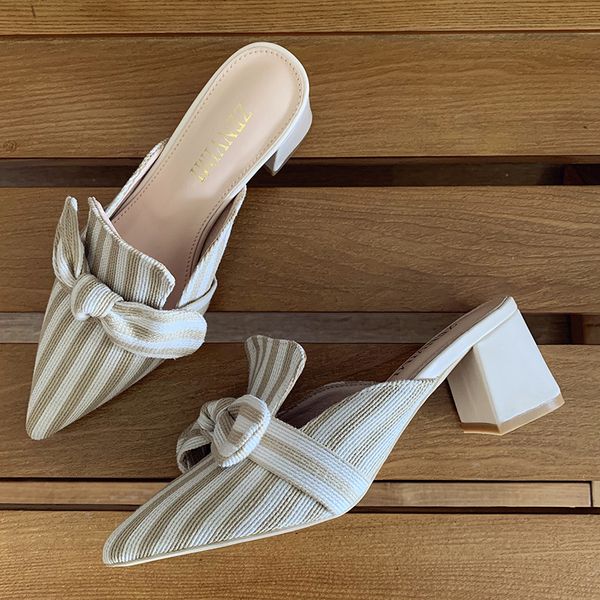 

2020 spring and summer new bow stripes, pointed thick heel women cool high heel women's shoes, Black