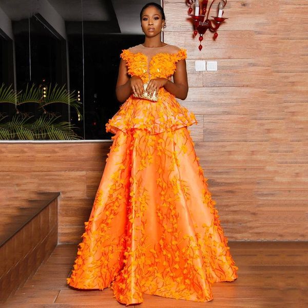 Leuchtend orangefarbene afrikanische Ballkleider mit Blumenapplikationen, transparenter Ausschnitt, Schößchen, Übergröße, Abendkleid, Partykleidung, Robe de Soiree 2021