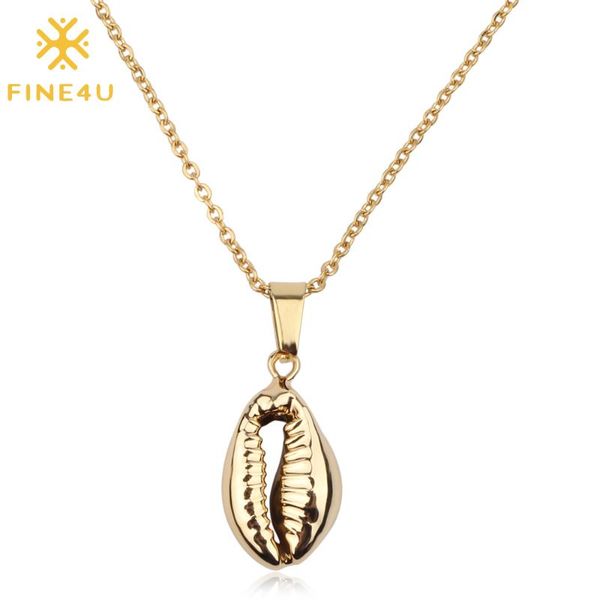 

fine4u n175 bohemia gold color natural sea shell pendant necklace stainless steel chain necklace 2020 summer beach jewelry, Silver