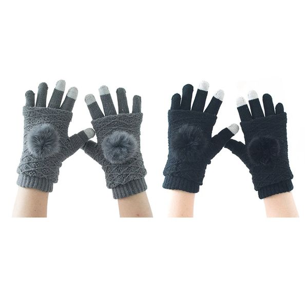 

new winter women faux hair ball touch screen gloves full finger+half finger 2 piece outdoor keep warm mittens, Blue;gray