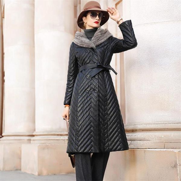 

women's down & parkas 2021 winter collar sheep slim long jacket leather hooded belt coat, Black