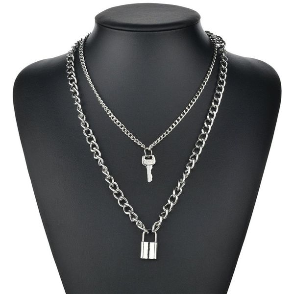 

chokers multilayer lock chain necklace punk 2021 padlock key pendant women girl fashion gothic party jewelry, Golden;silver
