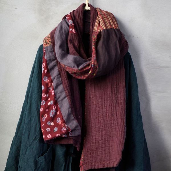 

johnature 2020 autumn winter new retro patchwork all-match scarfs cotton linen comfortable women warm long fashion scarf, Blue;gray