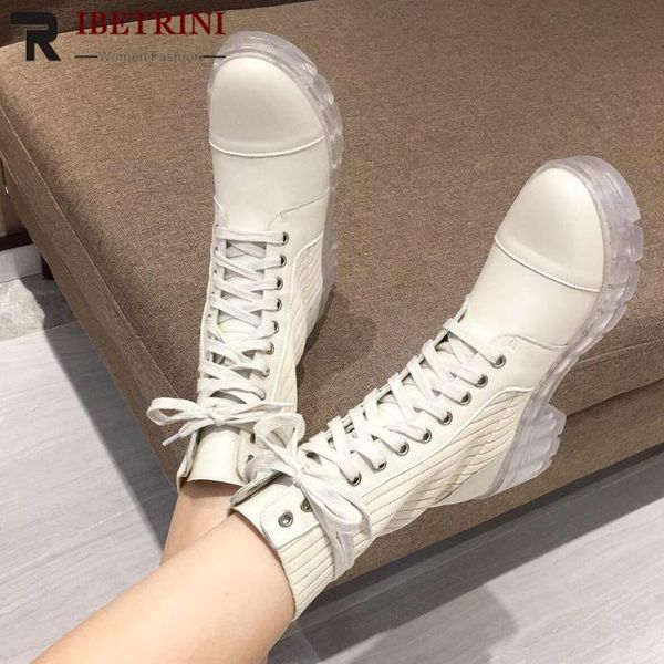 

ribetrini brand women round toe platform mid calf shoes women fashion patchwork lace up boots causal designer boots, Black