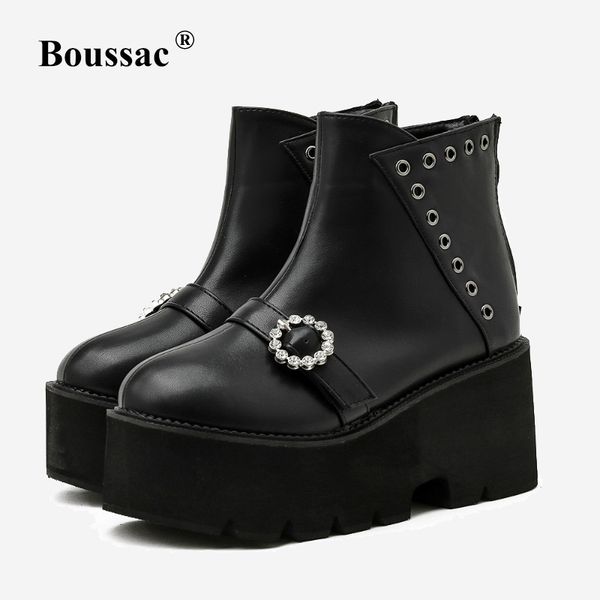 

boots boussac luxury rhinestone platform motorcycle women round toe black punk rivet goth chunky heel ankle