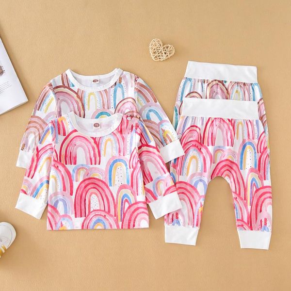 

focusnorm newborn baby girls boys clothes sets rainbow print long sleeve pullover sweatshirt pants 2pcs, White