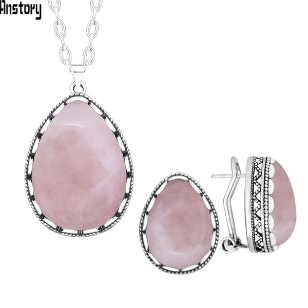 

classic water drop pink quartz jewelry sets necklace stud earring stainless steel chain for woman, Silver