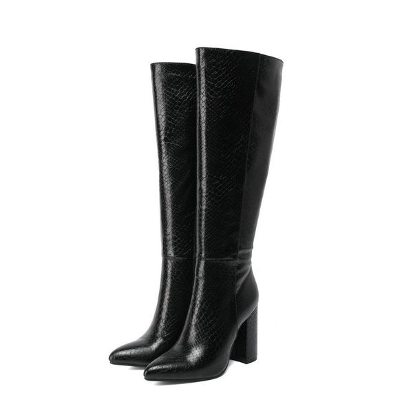 

2020 new knee high boots thick high heels pointed toe ladies shoes black beige blue white women boots party wedding shoes woman