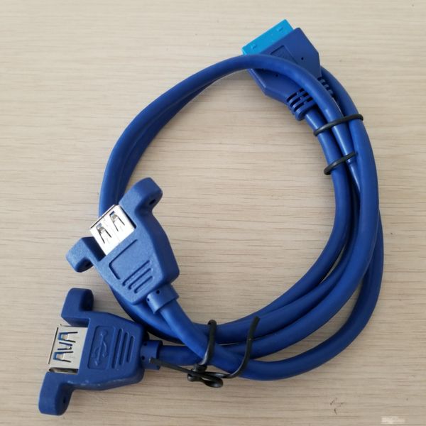 

1 pcs pc computer case internal 19pin to 2-port usb 3.0 type a female to female screw lock panel mount cable blue 50cm