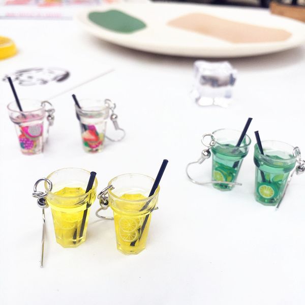

dangle & chandelier funny yellow green lemon drink cup drop earrings cute fruit for women girl children jewelry creative gift, Silver
