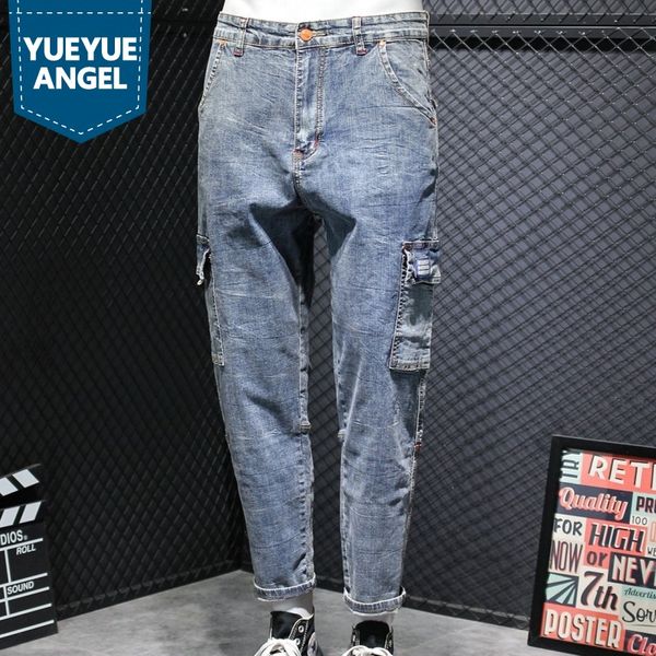 

men's jeans japan style loose hip hop men multi-pocket washed straight cargo pants street light blue harem denim plus size 42