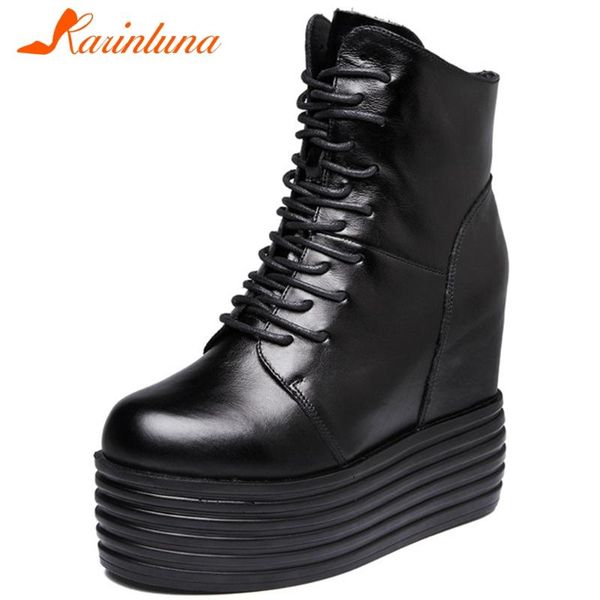 

karin high platform ladies height increasing high heels boots round toe thick sole women boots genuine leather women shoes, Black