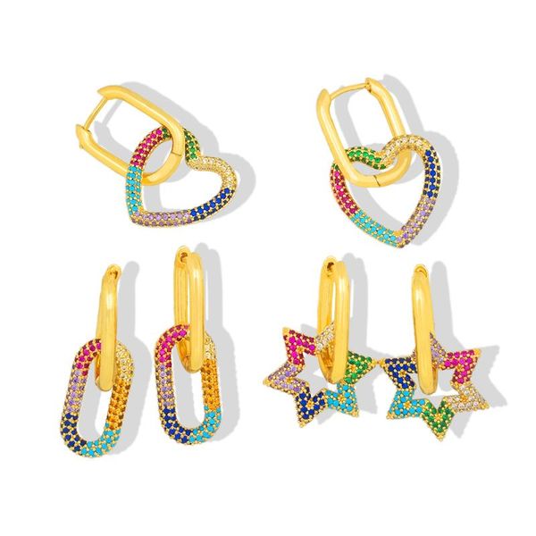 

hoop & huggie multicolor zirconia earrings crystal cubic zircon star circle heart earring woman rainbow jewelry cz earing huggies, Golden;silver