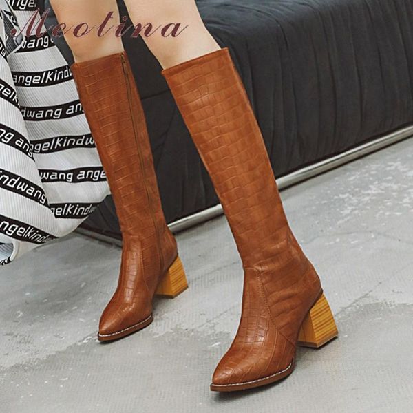 

meotina winter knee high boots women snake print block high heels long boots zipper pointed toe shoes lady autumn big size 34-46, Black