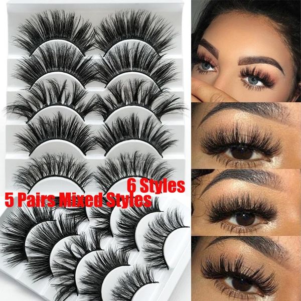 

5 pairs full long volume natural thick eyelashes 3d faux mink hair false eyelashes flared wispies extension handamde lashes