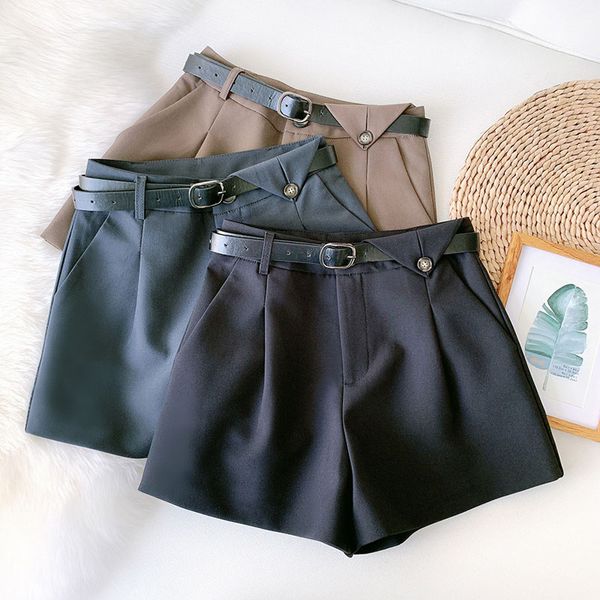 

wasteheart autumn black gray khaki shorts women high waist shorts camel bottom zipper pu sashes england style formal, White;black