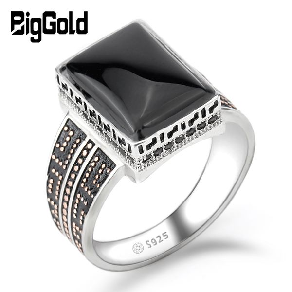 

925 sterling silver men ring with rectangle black stone mature charm sensibility finger ring for men male fashion jewelry, Golden;silver