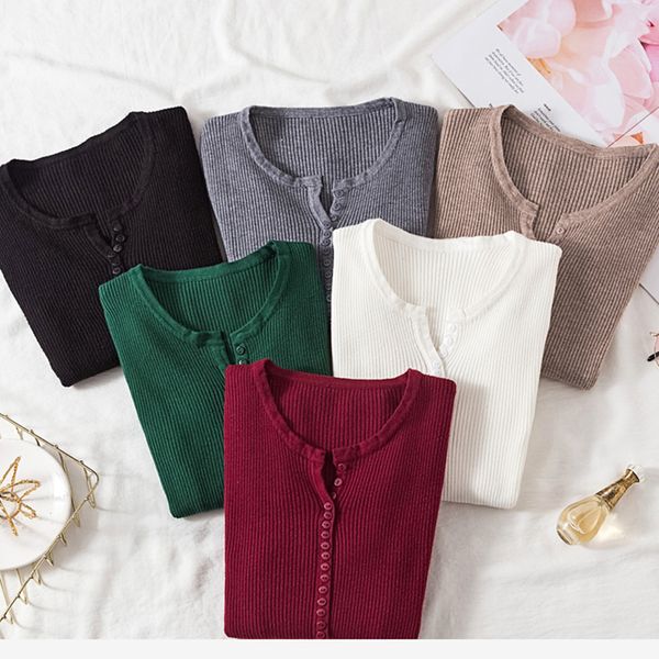 

aossviao 2020 autumn winter button v neck sweater women basic slim pullover women sweaters and pullovers knit jumper ladies, White;black