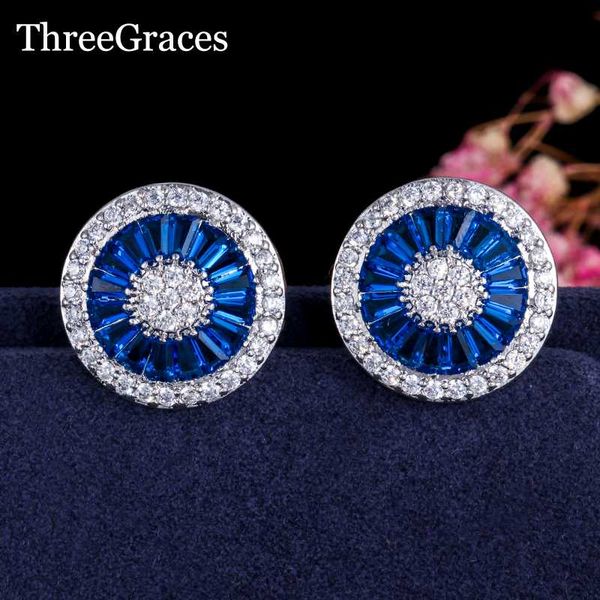 

stud threegraces fashion women cz jewelry sparkling zirconia stone royal blue round crystal big earrings for party er289, Golden;silver