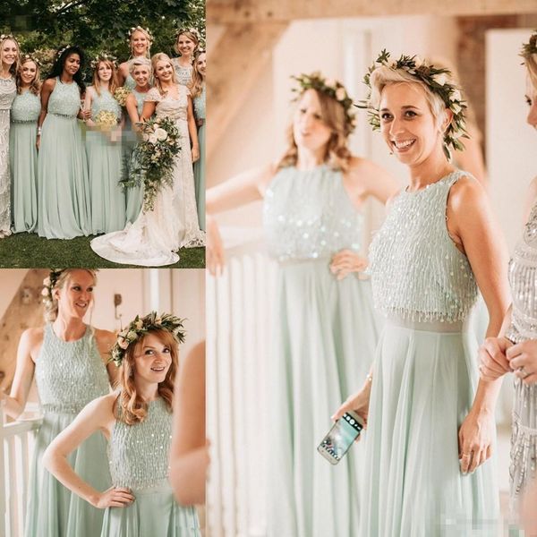 Mint verde longo País Dois vestidos da dama Pieces Modest Bohemian Sparkly Sequins empregada doméstica de honra Convidado de Casamento Vestido L49