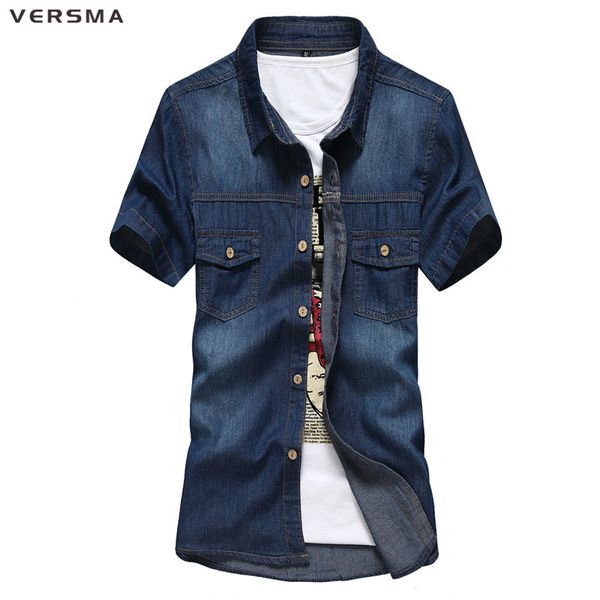

men's casual shirts versma vintage styled men korean slim fit denim shirt solid color social short sleeve cowboy jean jeans, White;black