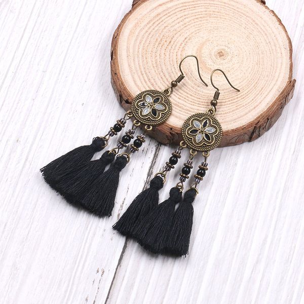 

vintage fashion court style black flowers fabric yarn long beads fringed earrings, Silver