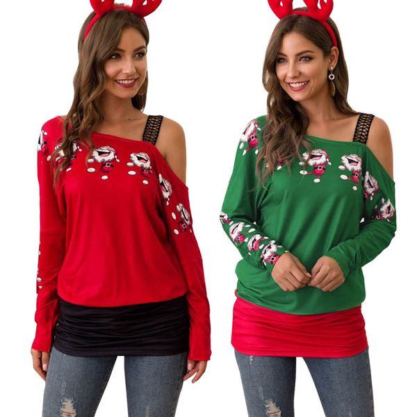 

женщины рождества футболки санта клаус печать повседневного tops дама плечо кофта с длинным рукавом sexy тис женщина рождество одеждой 0509, Black