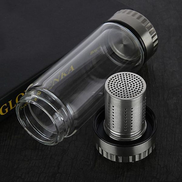 

300/400ml business type water bottle glass bottle with stainless steel infuser filter double wall glass water tumbler 66cy