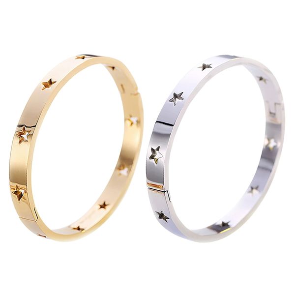 

2 pcs punk titanium stainless steel stars bangle for women no fading hollow pentagram cuff bracelets & bangles gifts pulseira, 1, Golden;silver