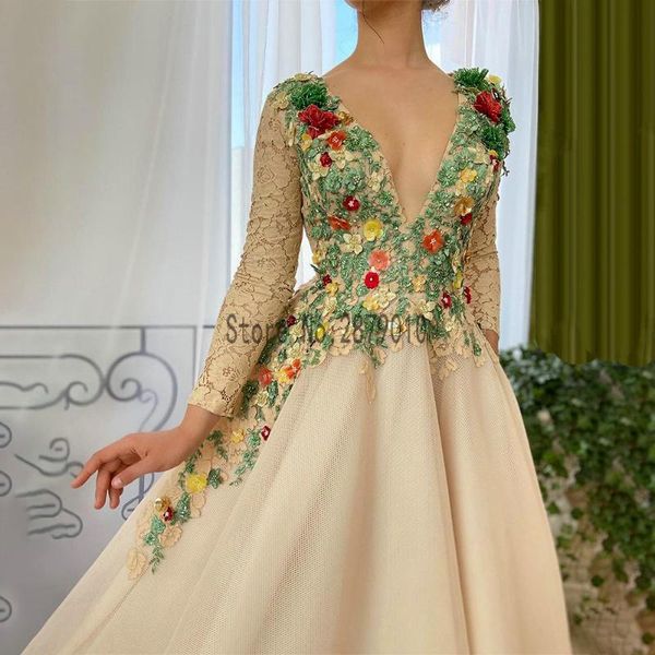 

champagne deep v neck evening dresses with colorful applique a line floor length long sleeve evening gowns, White;black