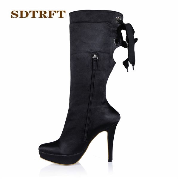

sdtrft autumn winter platforms stilettos 14cm thin heels knee-high boots sm shoes woman botas lace-up pumps plus:35-42 43, Black